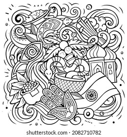 India hand drawn vector doodles illustration. Indian poster design. Funny elements and objects cartoon background.