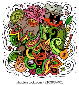 India hand drawn vector doodles illustration. Indian poster design. Funny elements and objects cartoon background. Bright colors picture.
