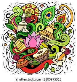 Indien handgezeichnete Vektordoodles-Illustration. indisches Plakatdesign. Helle Elemente und Objekte, Cartoon-Hintergrund. Helles Farbbild.