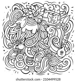 India hand drawn vector doodles illustration. Indian poster design. Funny elements and objects cartoon background.