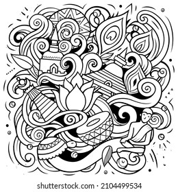 Indien handgezeichnete Vektordoodles-Illustration. indisches Plakatdesign. Helle Elemente und Objekte, Cartoon-Hintergrund.