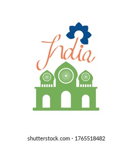 India Hand lettering design with decorative flower and taj mahal icon over white background, flat style, vector illustration
