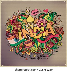 India Hand Lettering And Doodles Elements Background. Vector Illustration