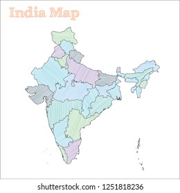 India hand-drawn map. Colourful sketchy country outline. Lovely India map with provinces. Vector illustration.