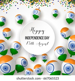 India, Happy independence day 15th august background design with confetti, balloons, flag. 
Template for poster, banner, flyer, invitation, brochure, card, cover. 3d design.