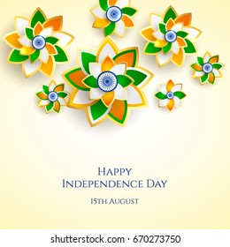 India, Happy independence day 15th august background design with flowers, symbol, flag. 
Template for poster, banner, flyer, invitation, brochure, card, cover. 3d design. Sale offer design.