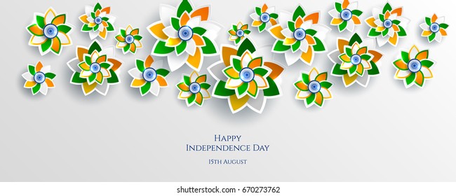India, Happy independence day 15th august background design with flowers, symbol, flag. 
Template for poster, banner, flyer, invitation, brochure, card, cover. 3d design. Sale offer design.