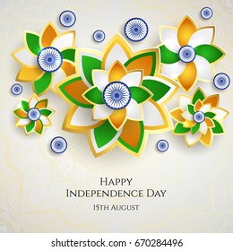 India, Happy independence day 15th august background design with flowers, symbol, flag. Template for poster, banner, flyer, invitation, brochure, card, cover. 3d design. Sale offer design.