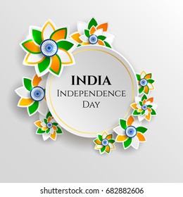 India, Happy independence day 15th august background design with flowers, symbol, flag. Template for poster, banner, flyer, invitation, brochure, card, cover. 3d design. Sale offer design.