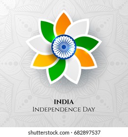 India, Happy independence day 15th august background design with flowers, symbol, flag. Template for poster, banner, flyer, invitation, brochure, card, cover. 3d design. Sale offer design.