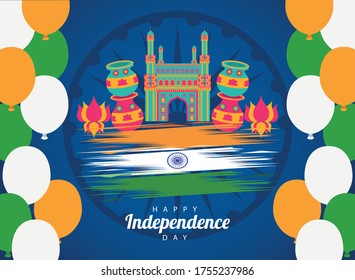 india happy independence day celebration card with mosque and flag vector illustration design