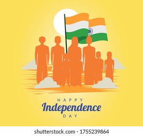 india happy independence day celebration card with people and flags vector illustration design