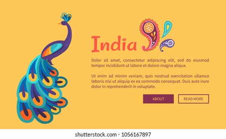 India happy Independence Day colorful celebrative vector web card in flat design of peacock animal and inscription on yellow background with feathers