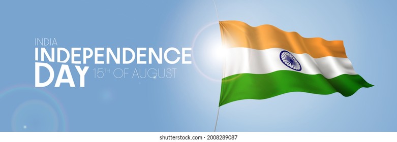 India happy independence day greeting card, banner with template text vector illustration. Indian memorial holiday 15th of August design element with 3D flag with stripes