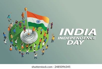 India happy independence day people hoisting the Indian tricolor flag. abstract vector illustration
