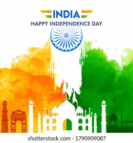 India Happy Independence Day Poster Design with Famous Monuments, Saffron and Green Watercolor Effect on White Background.