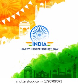 India Happy Independence Day Text with Ashoka Wheel, Saffron and Green Watercolor Effect Famous Monuments on White Background.