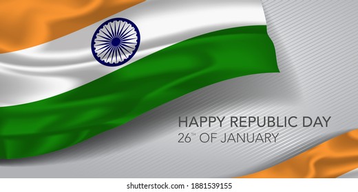 India happy republic day greeting card, banner with template text vector illustration. Indian memorial holiday 26th of January design element with realistic flag with stripes