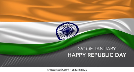 India happy republic day greeting card, banner with template text vector illustration. Indian memorial holiday 26th of January design element with 3D flag with stripes