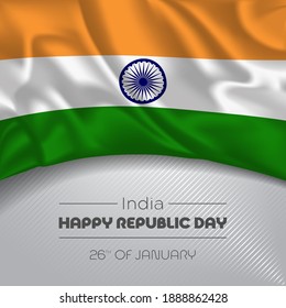 India happy republic day greeting card, banner vector illustration. Indian national holiday 26th of January square design element with waving flag