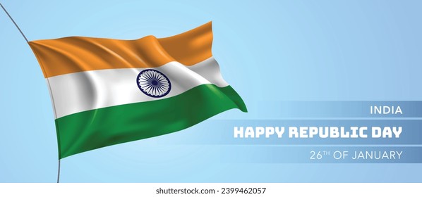 India happy republic day greeting card, banner vector illustration. Indian national holiday 26th of January design element with 3D flag