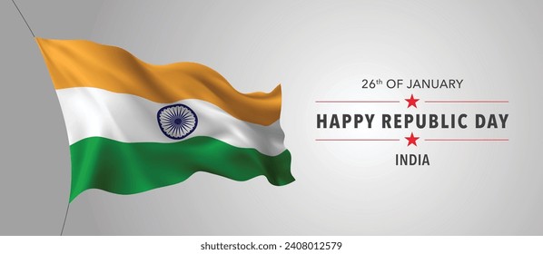 Tarjeta de felicitación del día de la república feliz de la India, cartel con ilustración del vector de texto de plantilla. Fiesta conmemorativa india 26 de enero elemento de diseño con bandera 3D con rayas