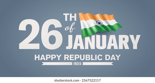 India happy republic day greeting card, banner with template text vector illustration. Indian memorial holiday 26th of January design element with 3D flag with stripes