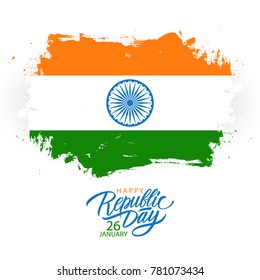 India Happy Republic Day greeting card with handwritten holiday greetings and brush stroke in colors of the Indian national flag. Vector Illustration.