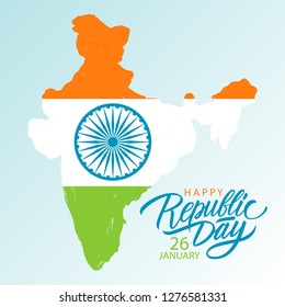 India Happy Republic Day, january 26 greeting card with hand lettering and brush stroke map of India. Vector Illustration.