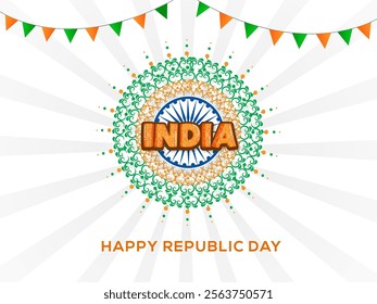 India Happy Republic Day Poster Design with Indian Flag Color Mandala and Bunting Flags on White Background.