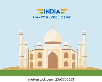 India Happy Republic Day Poster with Taj Mahal Illustration on Blue and Green Background.