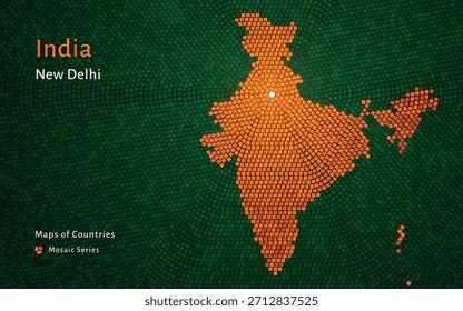Mapa del mosaico del hexágono de la India en Colores de banderas con la Nueva capital de Delhi. Lujo brillante