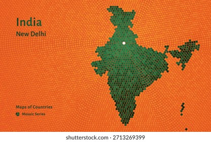 Mapa del mosaico del hexágono de la India en Colores de banderas con la Nueva capital de Delhi. Lujo brillante