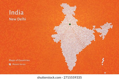 Mapa del mosaico del hexágono de la India en Colores de banderas con la Nueva capital de Delhi. Lujo brillante