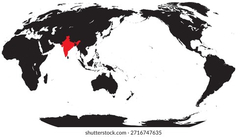 India destacada en un mapa mundial centrado en el Pacífico con Vector sólido editable
