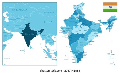 India - highly detailed blue map. Vector illustration