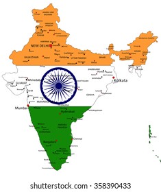 India highly detailed political map with national flag isolated on white background.