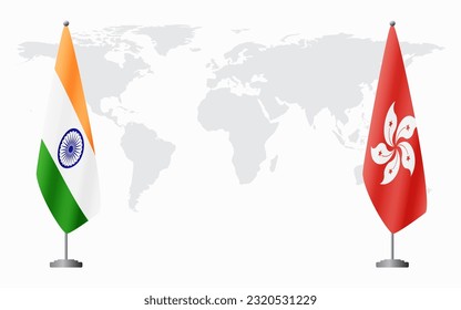 India and Hong Kong flags for official meeting against background of world map.