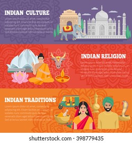 India horizontal banners set with traditions religion and culture isolated vector illustration 