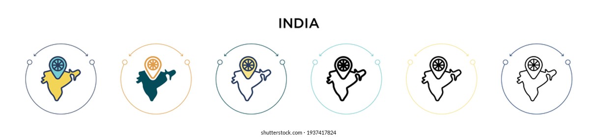 India icon in filled, thin line, outline and stroke style. Vector illustration of two colored and black india vector icons designs can be used for mobile, ui, web