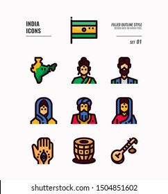 India icon set 1. Include India Flag, map, people, music instruments and more. Filled Outline icons Design. vector illustration