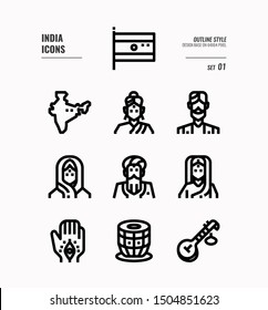 India icon set 1. Include India Flag, map, people, music instruments and more. Outline icons Design. vector illustration