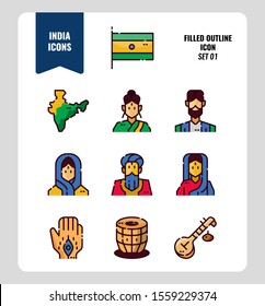 India icon set 1. Include India Flag, map, people, music instruments and more. Filled Outline icons Design. vector illustration