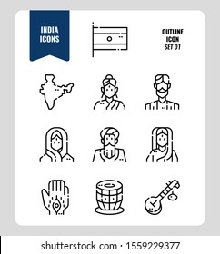 India icon set 1. Include India Flag, map, people, music instruments and more. Outline icons Design. vector illustration