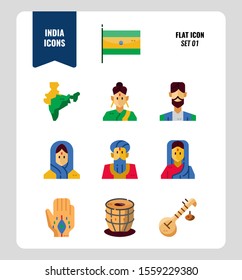 India icon set 1. Include India Flag, map, people, music instruments and more. Flat icons Design. vector illustration