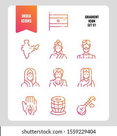 India icon set 1. Include India Flag, map, people, music instruments and more. Gradient icons Design. vector illustration