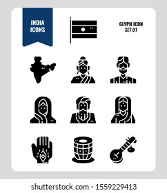 India icon set 1. Include India Flag, map, people, music instruments and more. Glyph icons Design. vector illustration