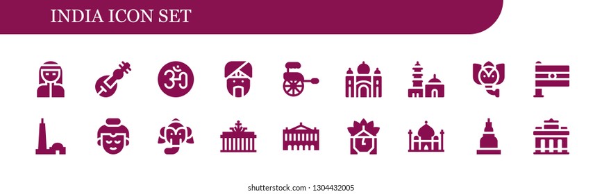 india icon set. 18 filled india icons.  Collection Of - Bedouin, Veena, Om, Indian, Rickshaw, Taj mahal, Qutb minar, Elephant, India, Buddha, Brandenburg gate, Palais garnier