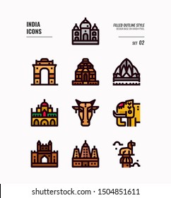 India icon set 2. Include India landmark, building, animal and more. Filled outline icons Design. vector illustration