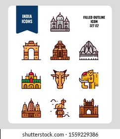 India icon set 2. Include India landmark, building, animal and more. Filled Outline icons Design. vector illustration